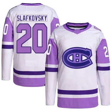 Authentic Juraj Slafkovsky White/Purple Montreal Canadiens Hockey Fights Cancer Primegreen Jersey - Men's