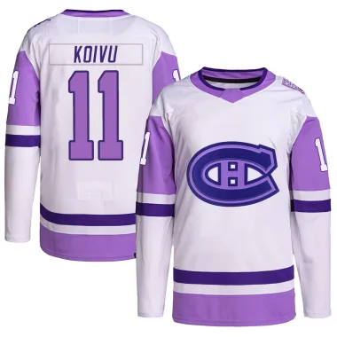 Authentic Saku Koivu White/Purple Montreal Canadiens Hockey Fights Cancer Primegreen Jersey - Youth