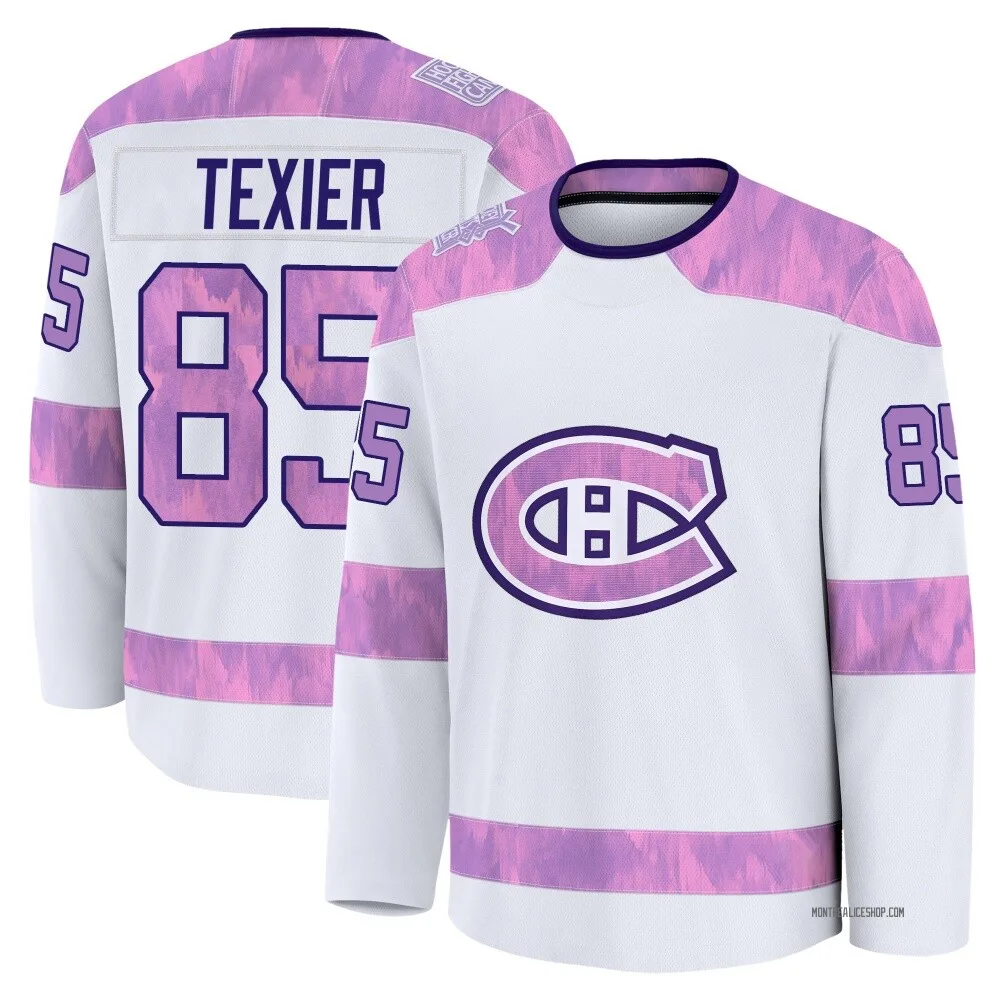 Premium Alexandre Texier White Montreal Canadiens 2024 Hockey Fights Cancer Practice Jersey - Men's