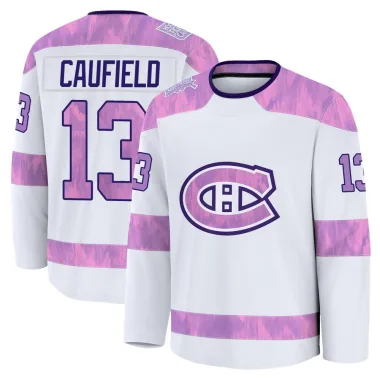 Premium Cole Caufield White Montreal Canadiens 2024 Hockey Fights Cancer Practice Jersey - Youth