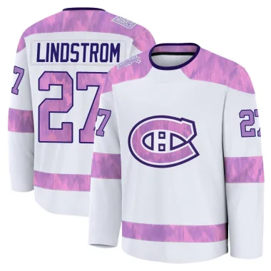 Premium Gustav Lindstrom White Montreal Canadiens 2024 Hockey Fights Cancer Practice Jersey - Youth