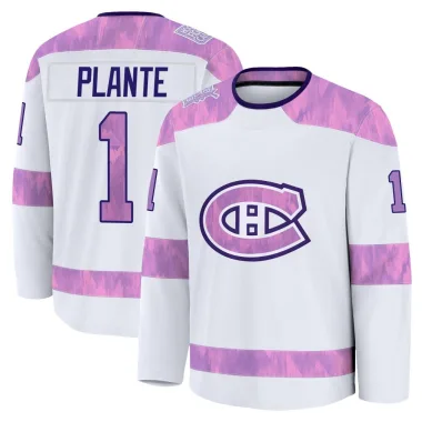 Premium Jacques Plante White Montreal Canadiens 2024 Hockey Fights Cancer Practice Jersey - Men's