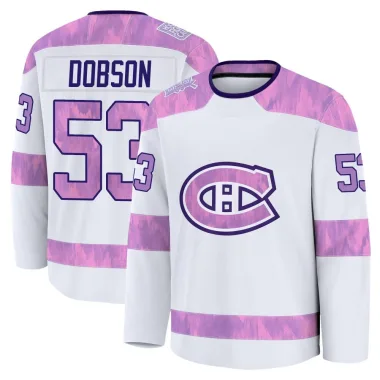 Premium Noah Dobson White Montreal Canadiens 2024 Hockey Fights Cancer Practice Jersey - Men's